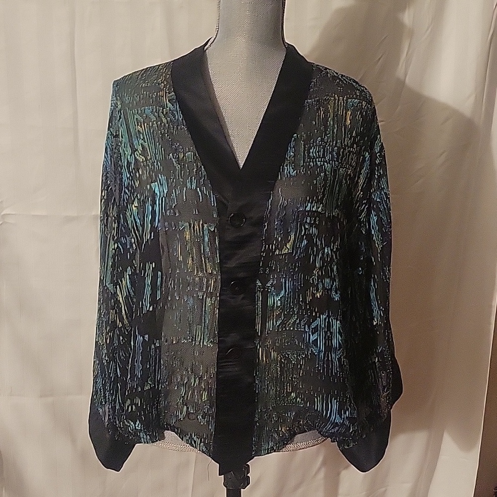 CHICO'S Long Sleeve Button Down Black & Blue Sheer Blouse, Size: 2